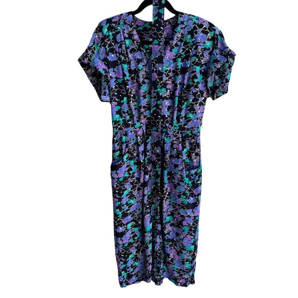 ED Michaels Petites Vintage Womens Button-Up Floral Short Sleeve Pockets Dress M - Picture 1 of 10